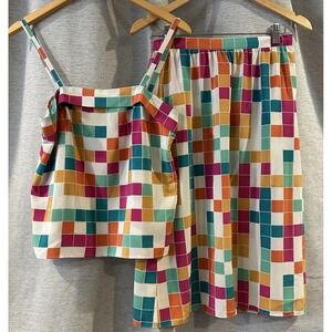 Vintage Sasson Two Piece‎ Rainbow Squares Lightweight Top & Skirt Sz 6